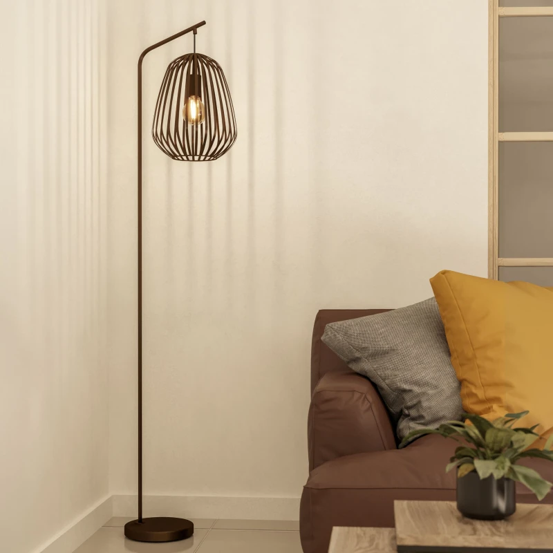 Image of EGLO Espinal Black Steel Caged Style Contemporary Floor Lamp Brown