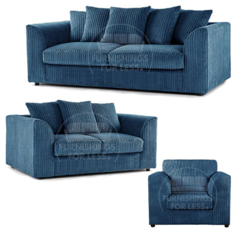 Image of Furnishings For Less UK Luxor Jumbo Cord 3 + 2 + 1 Fabric 3 Piece Sofa Suite - Scatter Back Marine Blue