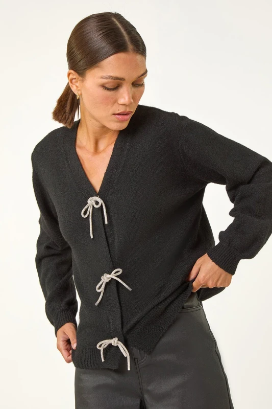 Image of Roman Womens Bow Embellished Knit Cardigan in Black Size: 12 Black Female 12