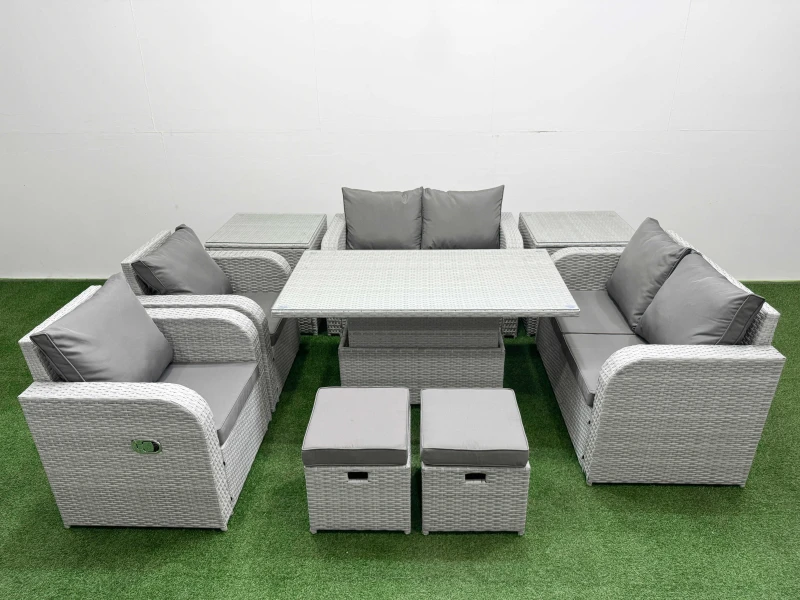 Image of Fimous 8 Seater Outdoor Reclining Chair Love Sofa Set Rattan Garden Furniture Set with Adjustable Lifting Dining or Coffee Table 2 Stools 2 Side Table