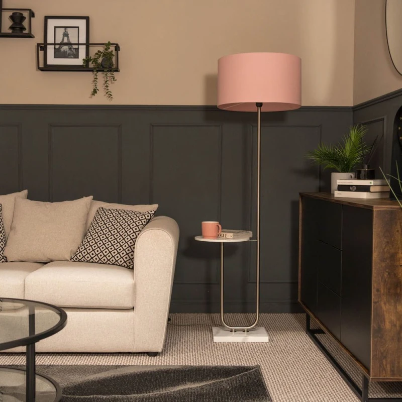 Image of ValueLights Tavel Brushed Chrome Marble Base Floor Lamp With Table And Large Blush Pink Shade Silver