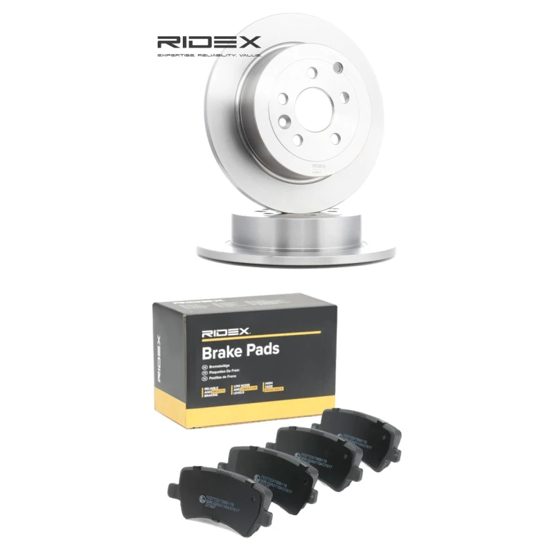 Image of RIDEX 3405B2489 Brake disc and pads set Rear Axle, Brake Disc Type: Solid, not prepared for wear warning indicator Brake Set,disc brakes (3405)