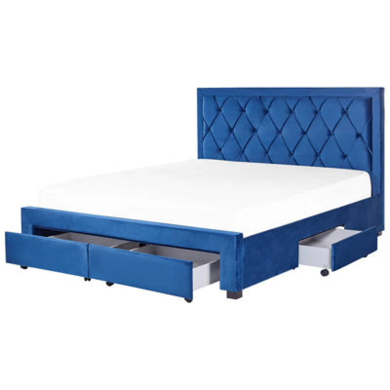 Image of Beliani Bed With Storage Drawers Velvet Lievin 180 X 200 Cm (Eu Super King) Navy Blue