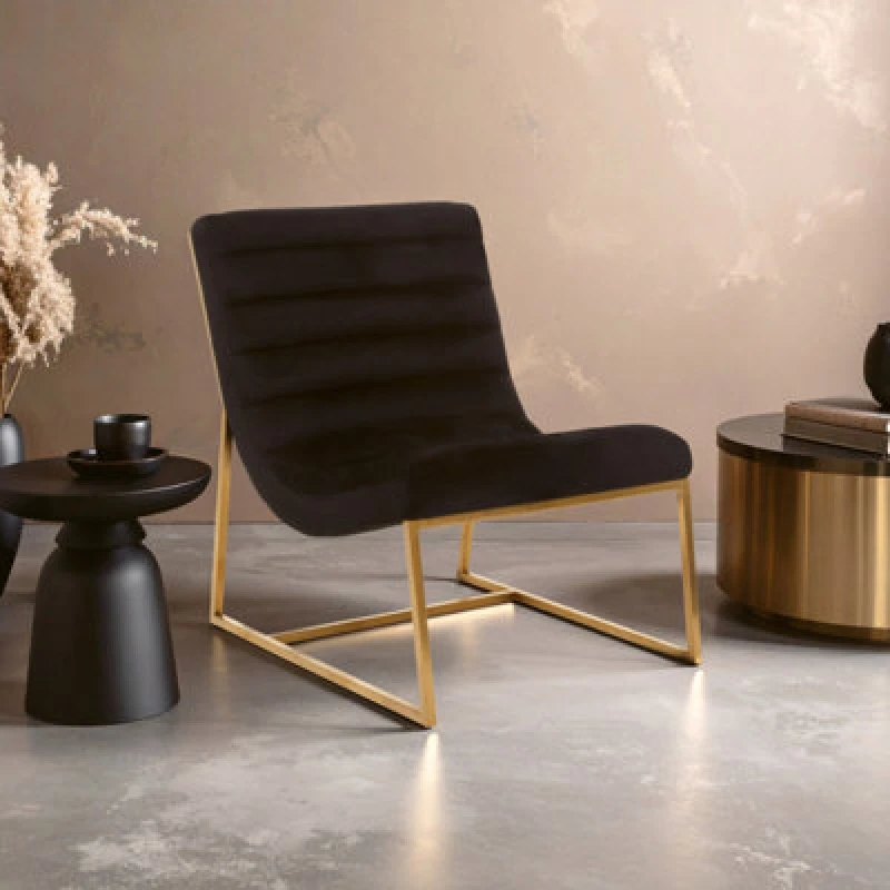 Image of Premier Housewares Black Velvet Cocktail Chair, Modern Art-Deco Black Velvet Accent Chair, Matte Gold Stainless Steel Frame Black