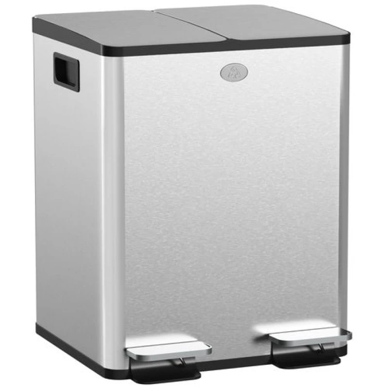 Image of HOMCOM 2 x 20L Dual Kitchen Bin Pedal Bin for Recycling and Waste, Silver 851-033V01SR