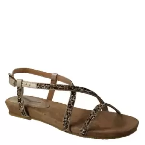 Image of Leather Lined Collection Cross Over Strap Diamante Upper Leather Lined Flat Sandal - Brown