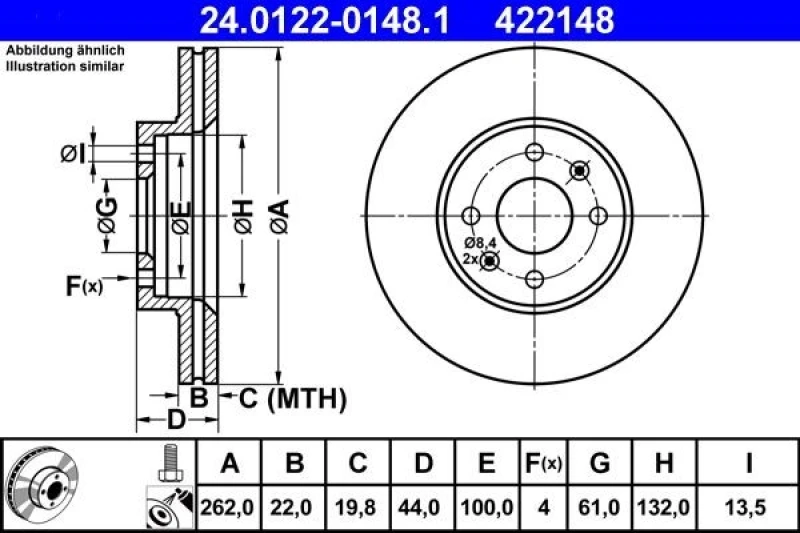 Image of ATE 24.0122-0148.1 Brake disc Vented, Coated, Alloyed/High-carbon, with bolts/screws Brake Disc (82)