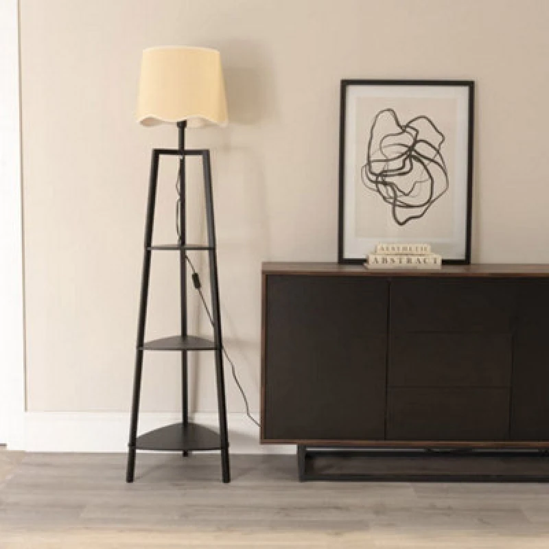 Image of ValueLights Hiru Black Three Tier Shelved Wooden Floor with Linen Trim Scallop Tapered Shade White