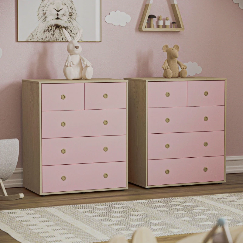 Image of Lassic Junior Vida Neptune 5 Drawer Chest Set of 2 Pink & Oak unisex One Size