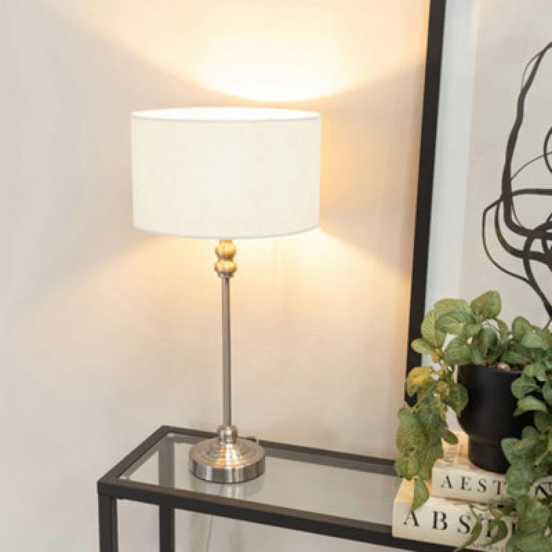 Image of ValueLights Maggie Brushed Chrome Candlestick Slim Table Lamp with Fabric Drum Lamp Shade White