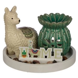 Image of Cactus Oil Burner & Llama Ceramic Figurine Eden Aroma Set