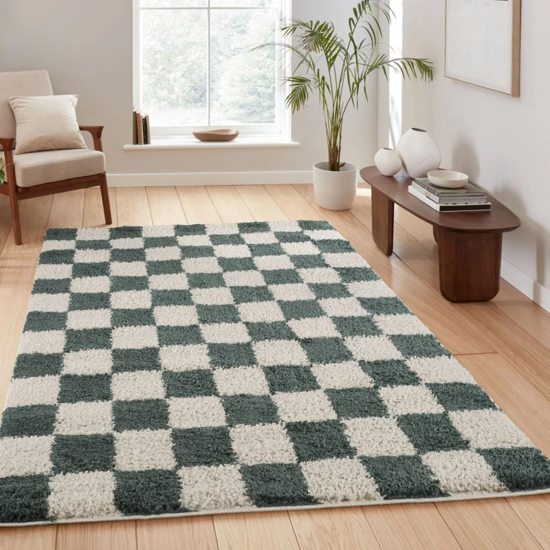 Image of Chester Living Room Shaggy Area Rug Modern - Contemporary Checkered Design - Hallway Runner Indoor Rug Jade Green 120X170 Cm