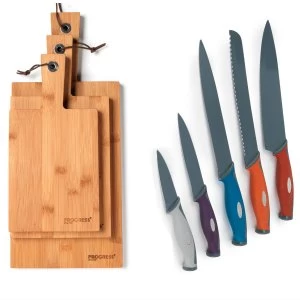 Image of Progress 5 Piece Kitchen Knife Set and 3 Piece Bamboo Paddle Chopping-Board Set