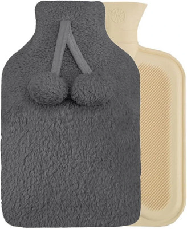 Image of Smart Living Smart Living Soft Hot Water Bottle with Pompom Fleece Cover - 23x35cm in Charcoal Charcoal One Size Unisex 5056557546787