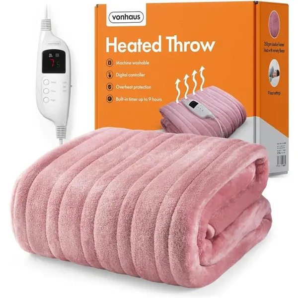 image of VonHaus Heated Throw Blanket Electric Over Throw Fleece - Pink One Size