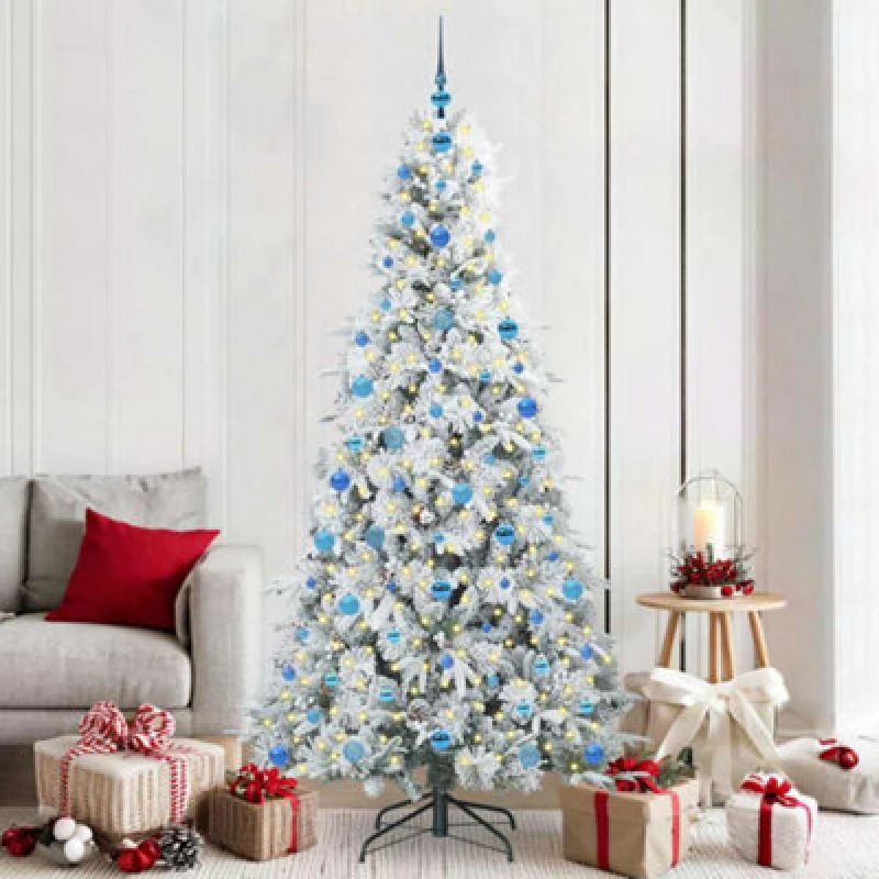 Image of vidaXL Artificial Hinged Christmas Tree with Blue Balls Snow Flocked Green 210cm PE and PVC, Green 3397504