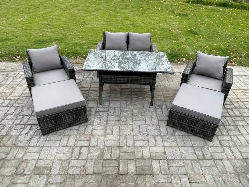 Image of Fimous 6 Seater High Back Outdoor Garden Furniture Rattan Sofa Dining Table Set with Armchair 2 Big Footstool Dark Grey Mixed Dark Grey Unisex