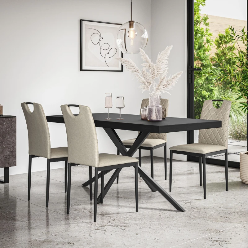 Image of More4Homes Donni Dining Table And Chairs - Black Table Top W Black Legs + Monza Linen Dining Chair Set Of 4 (Beige)