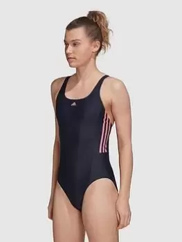 Image of adidas 3 Stripe Mid Swimsuit, Navy, Size 34, Women