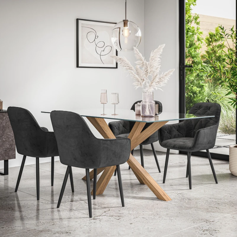 Image of More4Homes Etta Glass Dining Table And Chairs - Glass Top W Solid Oak Legs + Anika Velvet Dining Chair Set Of 4 (Black)
