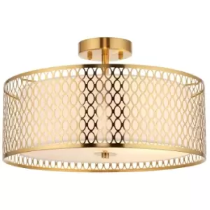 Image of Endon Cordero Decorative Flush Ceiling Lamp, Gold Effect Plate, White Fabric, Frosted Glass
