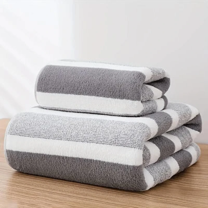 Image of Dyzi White Grey Ultra Absorbent Striped Towel Set Quick Dry Hand Bath Towels For Home & Outdoor