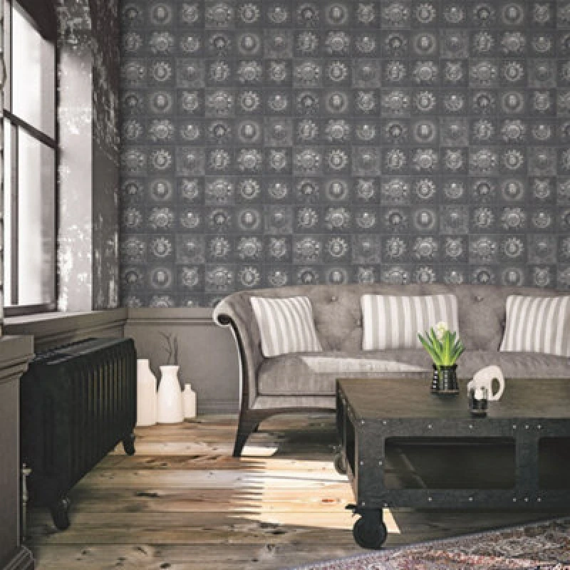 Image of Galerie Nostalgie Silver Grey Industrial Tiles Smooth Wallpaper