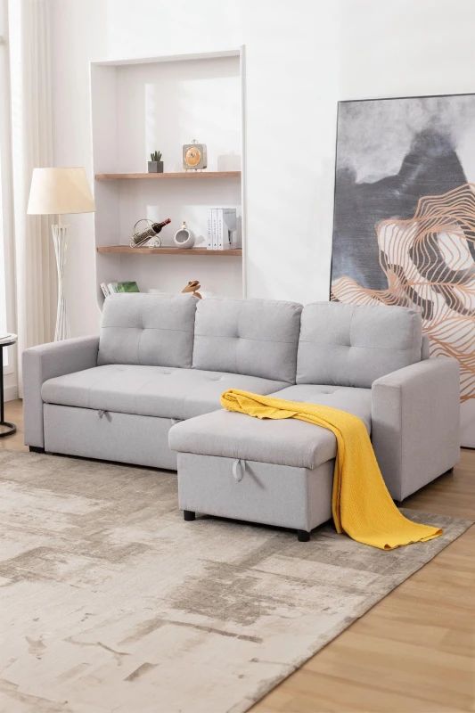 Image of More4Homes Newport Fabric Corner 3 Seater Sofa Bed w Storage Left or Right Side Light Grey