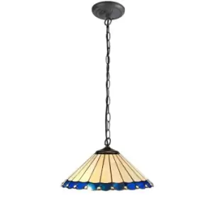 Image of 1 Light Downlighter Ceiling Pendant E27 With 40cm Tiffany Shade, Blue, Crystal, Aged Antique Brass - Luminosa Lighting