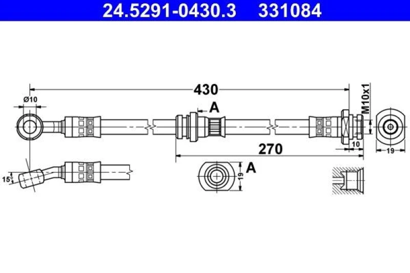 Image of ATE 24.5291-0430.3 Brake Hose without banjo bolt Brake Hose (83)