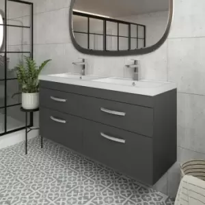 image of Athena Wall Hung 4-Drawer Vanity Unit with Double Ceramic Basin 1200mm Wide - Gloss Grey - Nuie