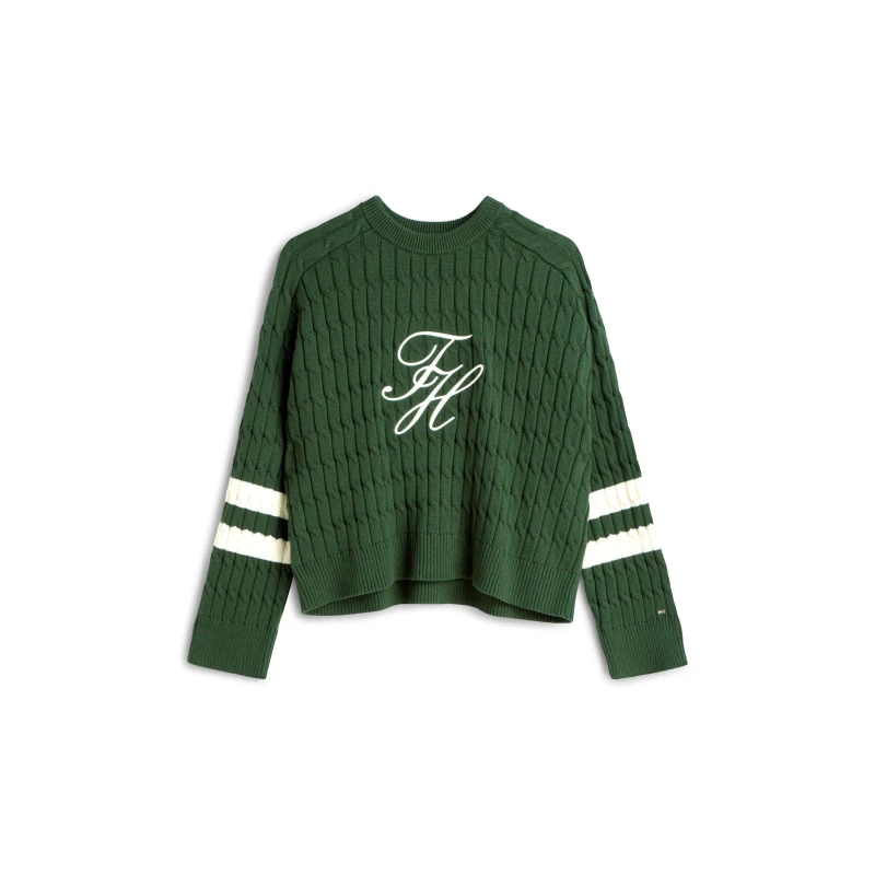 Image of Tommy Hilfiger Womens Textured Graphic Cropped Sweatshirt Cropped Sweaters 8 (XS) Green 32745315310