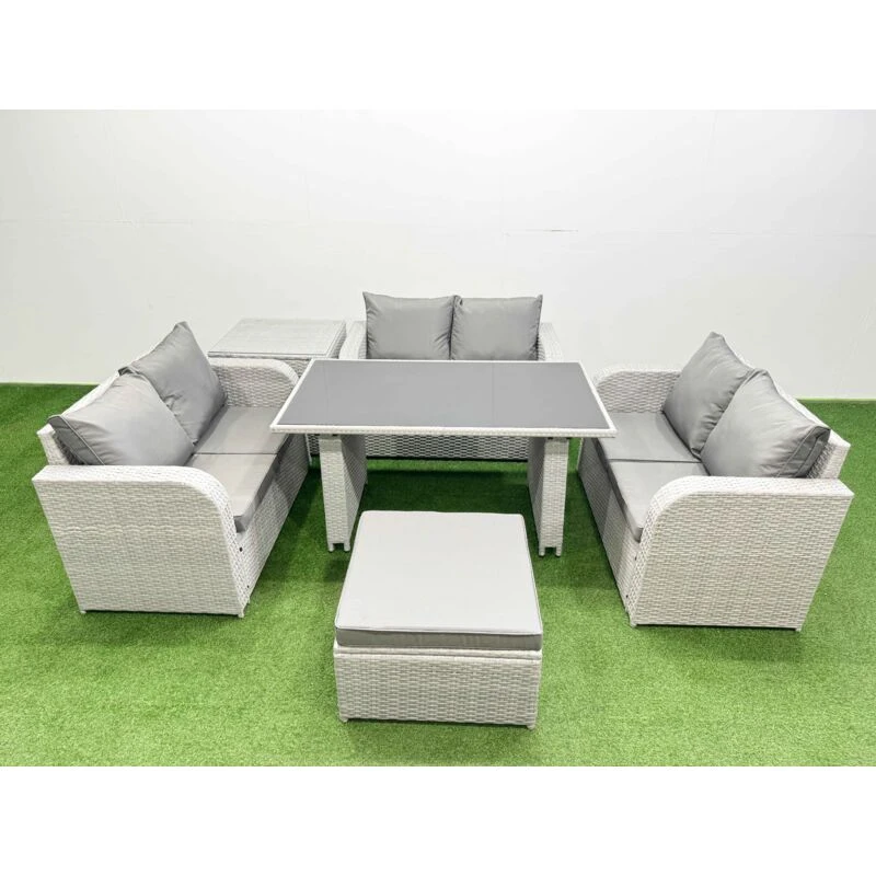 Image of Fimous 7 Seater Patio Garden Furniture Sets with Side Table Big Stool in Light Grey Light Grey Unisex