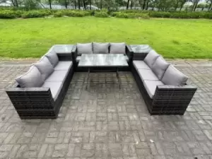 Image of Fimous 9 Seater Outdoor Dark Grey Rattan Lounge Complete Sofa Set with Patio Dining Table and Side Tables