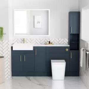Image of 1800mm - 2100mm Blue Toilet and Sink Unit with Tall Cabinet Marble Effect Worktop and Brushed Brass Fittings - Coniston