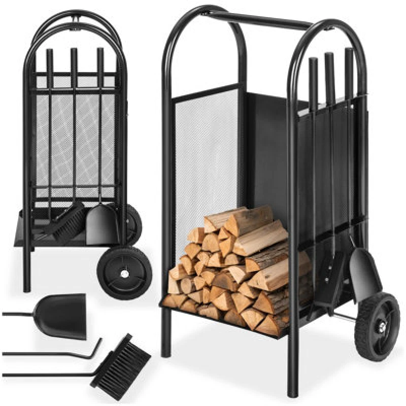 Image of Tectake Log Holder Fireplace Wood Storage With Broom, Shovel And Poker - Black