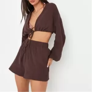 image of Missguided Textured Tie Waist Beach Cover Up Shorts - Brown