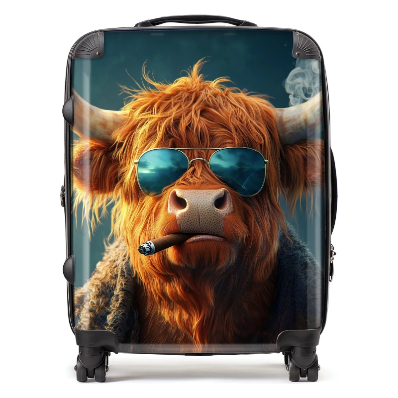 Image of Warren Reed - Designer Highland Cow With Glasses Suitcase in Blue Size: Large Blue Unisex Large