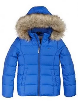 Image of Tommy Hilfiger Girls Essential Faux Fur Hooded Jacket, Blue, Size 8 Years, Women