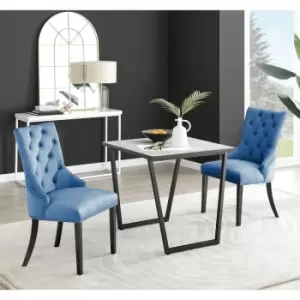 Image of Furniturebox Carson White Marble Effect Square Dining Table & 2 Blue Belgravia Black Leg Velvet Chairs