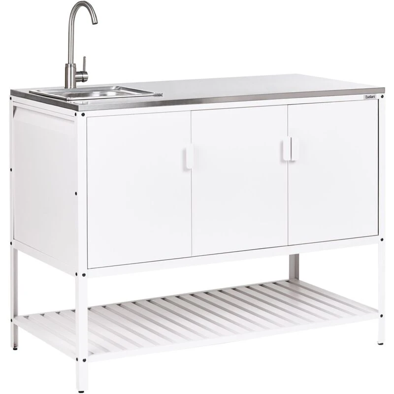 Image of Beliani Outdoor Kitchen Cabinet With Sink Maenza Metal White