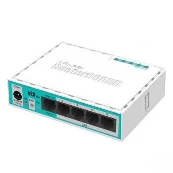 MikroTik 5 x Fast Ethernet, 6 - 30V, 64MB RAM, CPU 850MHz, 2W max, PoE in, White UK Plug