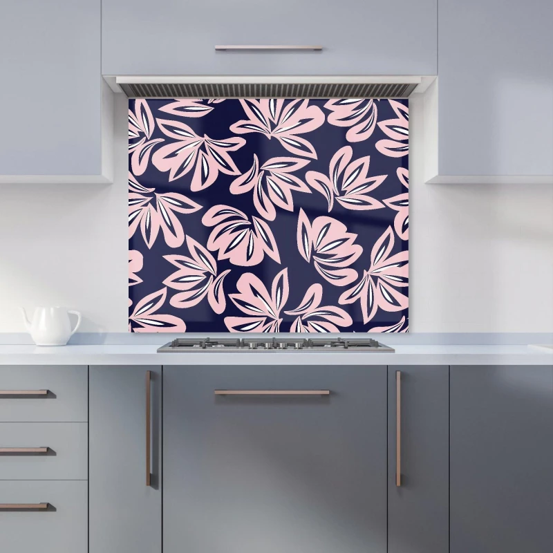 Image of Warren Reed Designer Pink Navy Floral Botanical Pattern Premium Glass Kitchen Splashback W900mm X H650mm