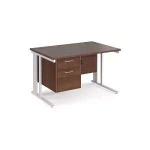 Image of Office Desk Rectangular Desk 1200mm With Pedestal Walnut Top With White Frame 800mm Depth Maestro 25 MCM12P2WHW