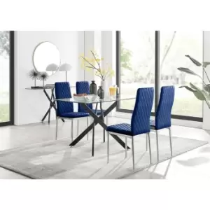 Image of Furniturebox UK - Furniturebox Leonardo 4 Black Leg Glass Dining Table and 4 Navy Milan Velvet Dining Chairs Diamond Stitch Modern Contemporary
