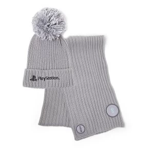 image of Sony Playstation Logo Unisex Bobble Beanie & Ribbed Scarf Gift Set - Grey