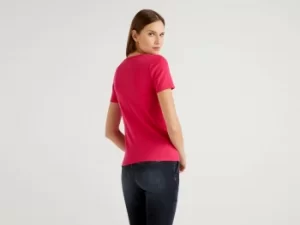 Image of Benetton, T-Shirt In 100% Cotton With Glitter Print Logo, taglia XS, Cyclamen, Women