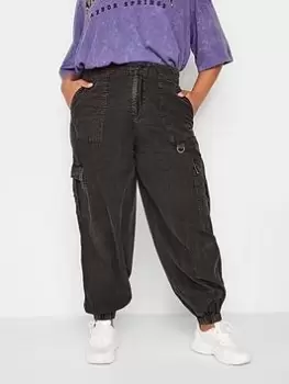 Image of Yours Yours Black Acid Wash Cargo Trouser, Black, Size 16, Women