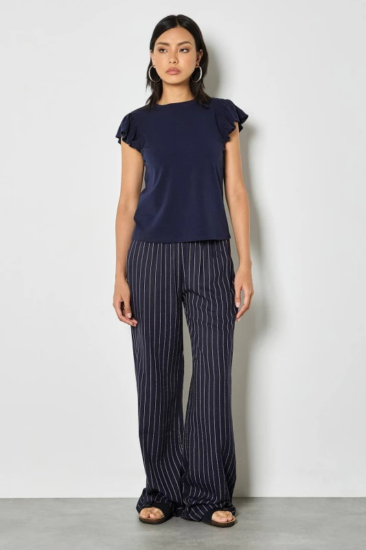 Image of Apricot Womens Pinstripe Linen Blend Wide-Leg Trousers in Navy Size: 14 Navy Female 14