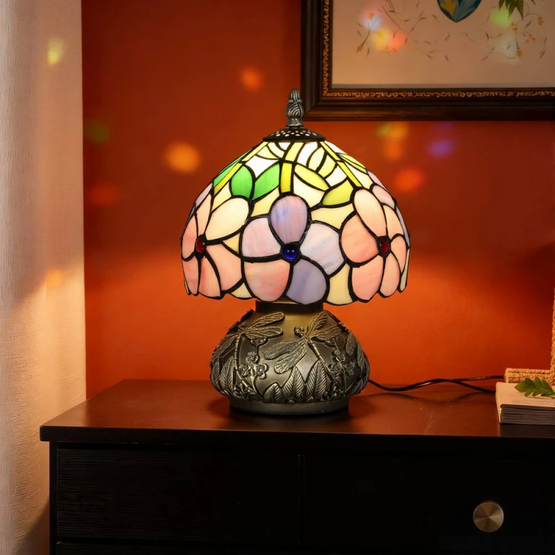 Image of HOMCOM Stained Glass Bedside Lamp, Tiffany Style Table Lamp for Bedroom in Pink Pink Unisex